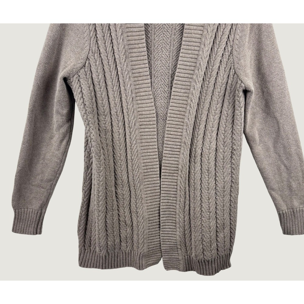 L.L.Bean Cardigan Women Medium Brown Cable Knit Open Front Cotton 500661 Coastal - Picture 3 of 11